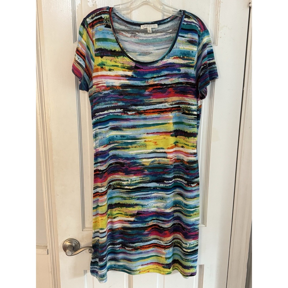 Spense‎ Petite PXL Multicolor Abstract Paint Stroke Short Sleeve Stretch Knit